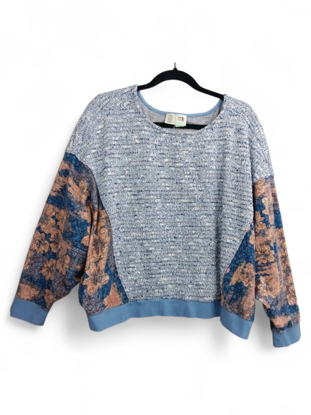 ANTHROPOLOGIE boucle knit batwing long sleeve blue floral print sweater XL